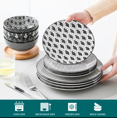 Serwis obiadowo kawowy japan style biało- czarny 24 elementy/ 8 osób