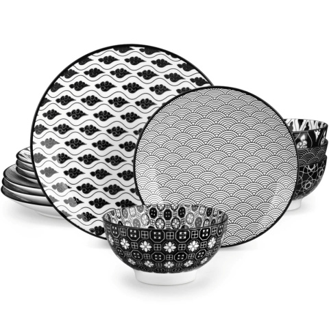 Serwis obiadowo kawowy japan style biało- czarny 24 elementy/ 8 osób