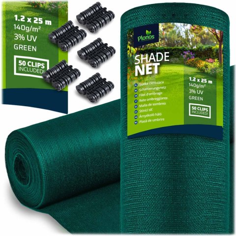 Siatka cieniująca 1,2x25m 140g/m2 + 50 zacisków zielona