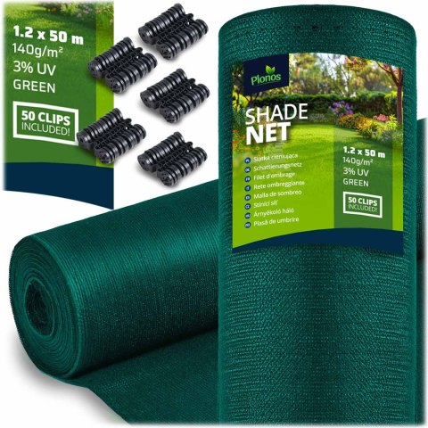 Siatka cieniująca 1,2x50m 140g/m2 + 50 zacisków zielona