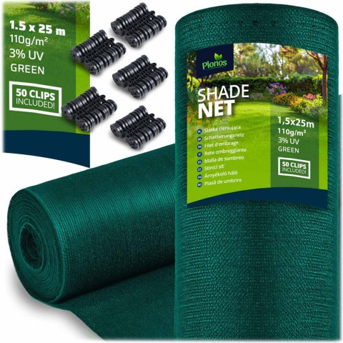Siatka cieniująca 1,5x25m 110 g/m2 + 50 zacisków zielona