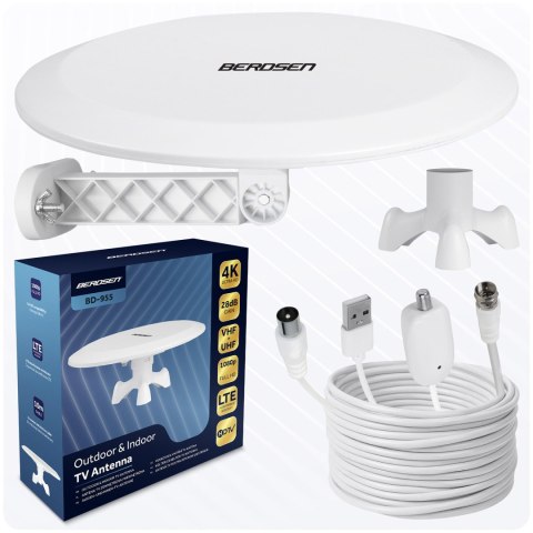 Antena wewnętrzna zewnętrzna TV ultra HD 4K Berdsen BD-955 biała