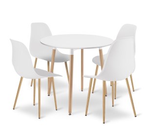 Zestaw Stół KAMI Okrągły 80cm - biały / naturalne nogi + 4 krzesła WAT białe / nogi naturalne